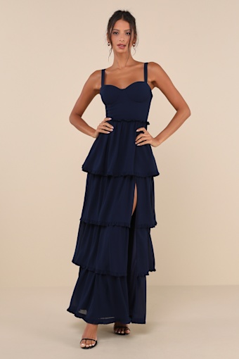 Sophisticated Occasion Navy Blue Bustier Lace-Up Maxi Dress 4