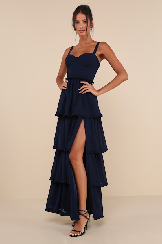 Lulus Sophisticated Occasion Navy Blue Bustier Lace-up Maxi Dress In Navy Blue