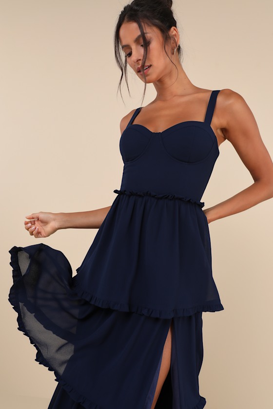 Lulus Sophisticated Occasion Navy Blue Bustier Lace-up Maxi Dress In Navy Blue