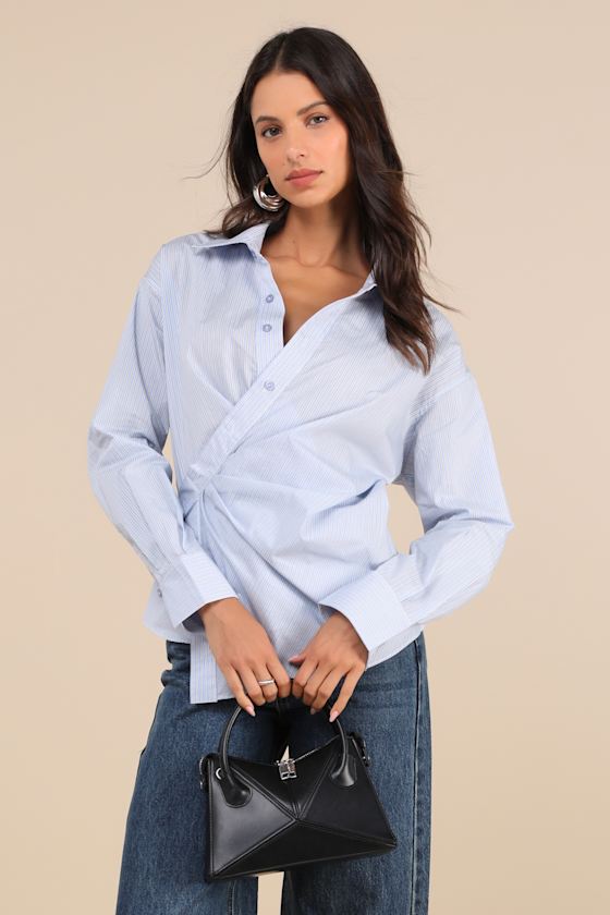 Flykra Light Blue Striped Asymmetrical Button-Up Wrap Top 2