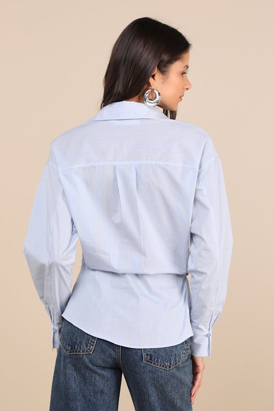 Flykra Light Blue Striped Asymmetrical Button-Up Wrap Top 3