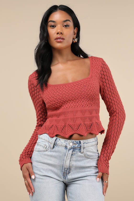 Rust Red Crochet Knit Sweater Square Neck Sweater Sweater Top Lulus