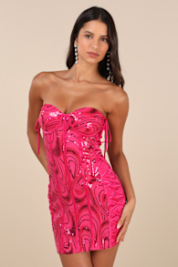 Enticing Sparkle Hot Pink Sequin Lace-Up Strapless Mini Dress