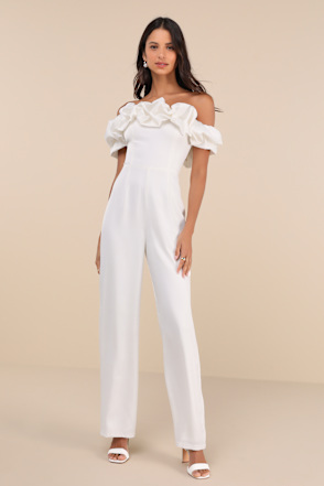 White Bridal Jumpsuit Ruffled OTS Jumpsuit Wide-Leg Jumpsuit