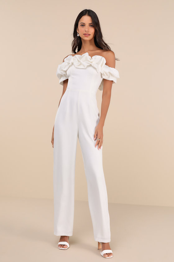 Immense Glamour White Satin Ruffled Off-the-Shoulder Jumpsuit 1
