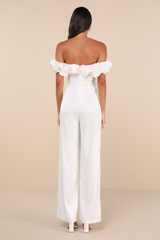 Immense Glamour White Satin Ruffled Off-the-Shoulder Jumpsuit 2