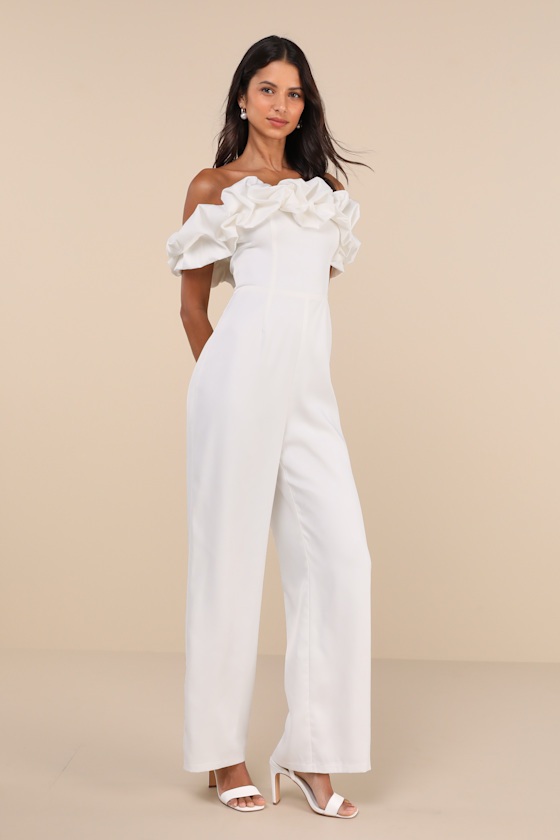White Bridal Jumpsuit - Ruffled OTS Jumpsuit - Wide-Leg