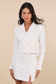 Savvy Elegance Ivory Lace Double-Breasted Cropped Blazer