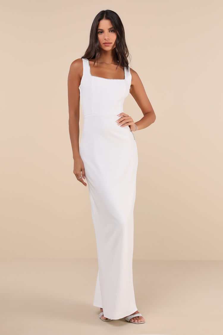 Timeless Poise White Rhinestone Square Neck Backless Maxi Dress