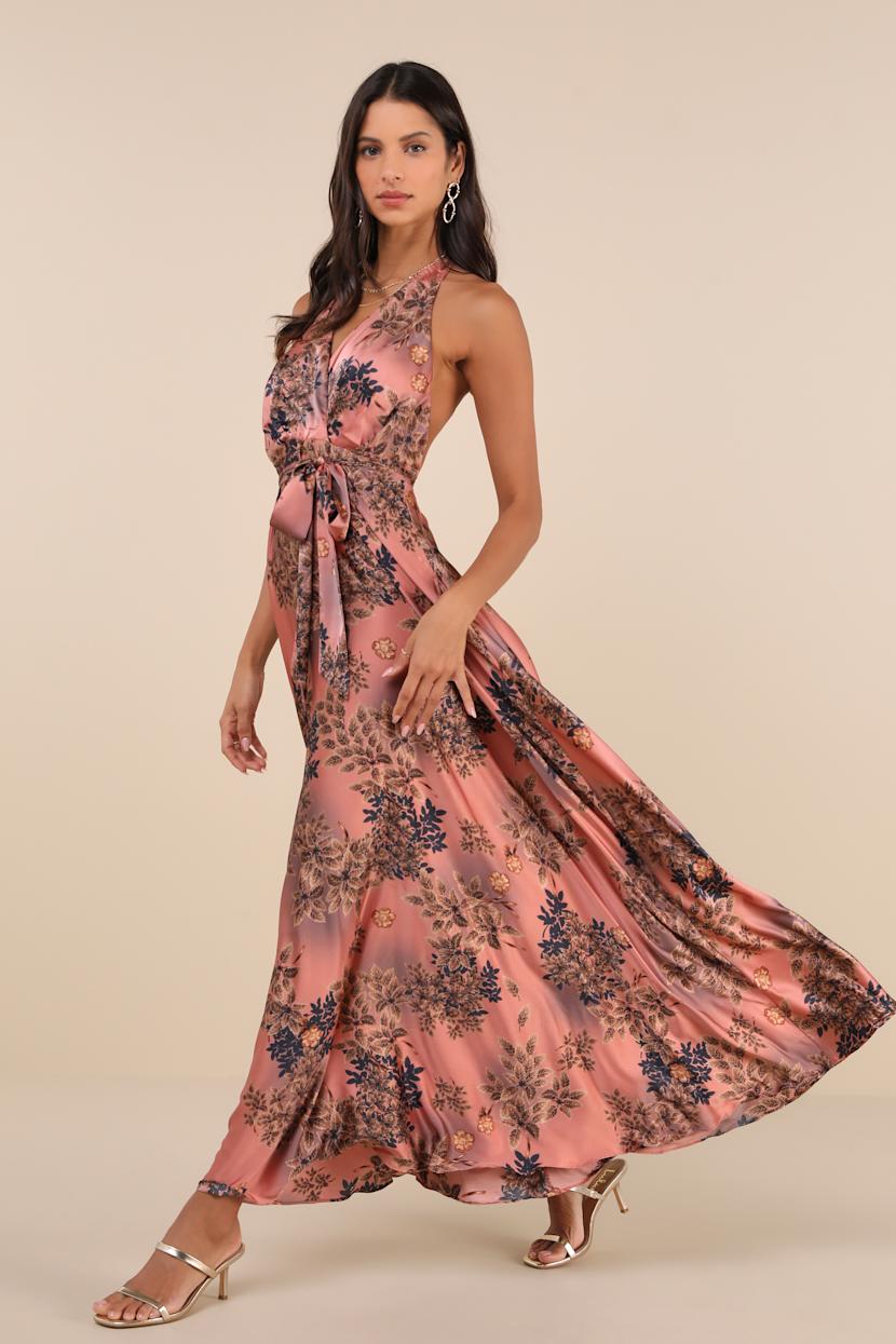 pink floral backless dress Caitlin Sleeveless Halter Open Back Floral Print Maxi Dress Pink MEDIUM