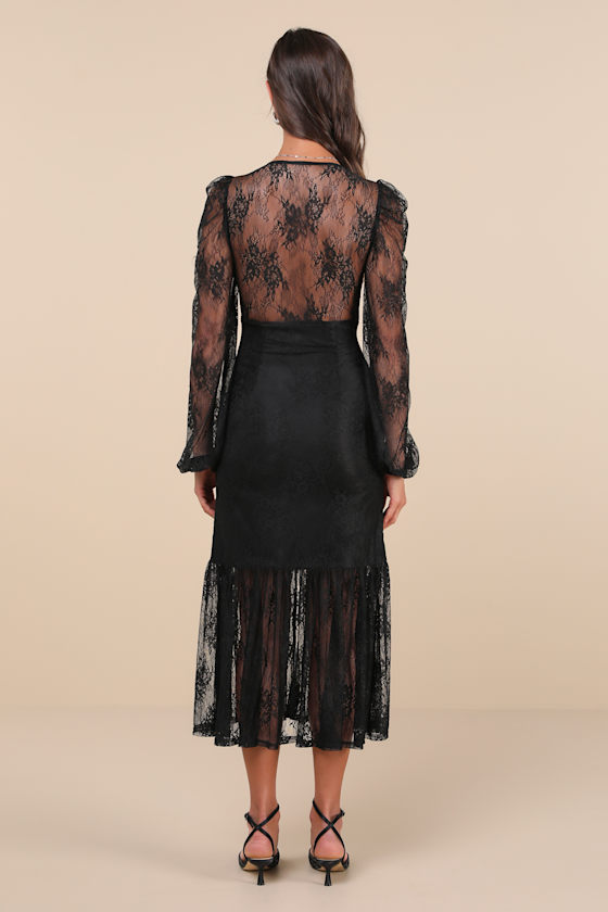 Black Lace Dress - Long Sleeve Dress - Black Trumpet Hem Dress - Lulus