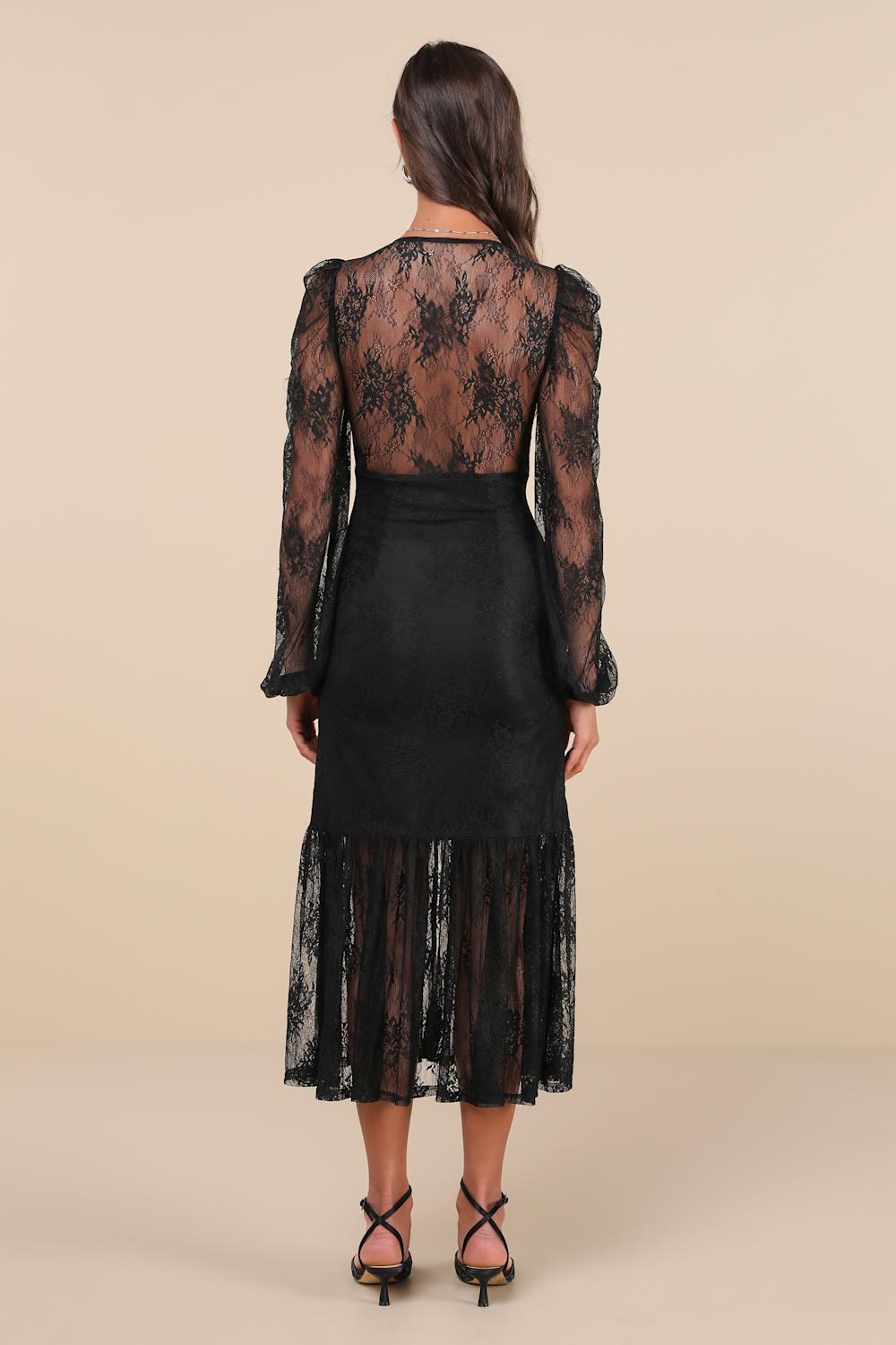 Perfect Tendencies Black Lace Button-Front Midi Dress