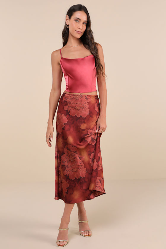 Sleek Proposition Rust Floral Satin Bow Midi Skirt 1