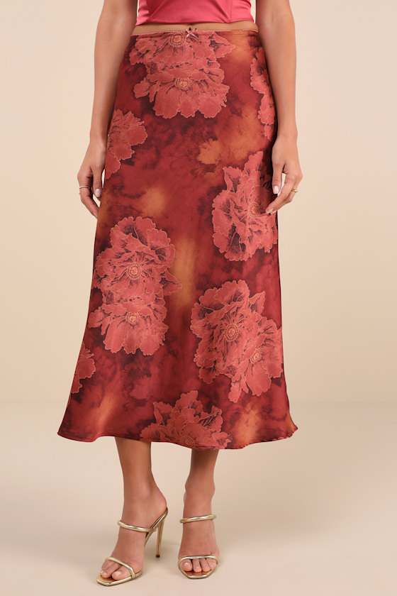 Sleek Proposition Rust Floral Satin Bow Midi Skirt 2