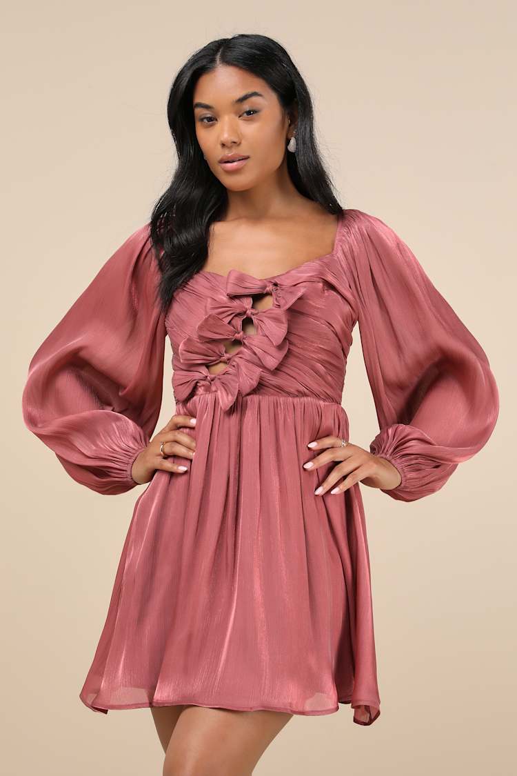 Playful Delight Rusty Rose Bow-Front Long Sleeve Mini Dress