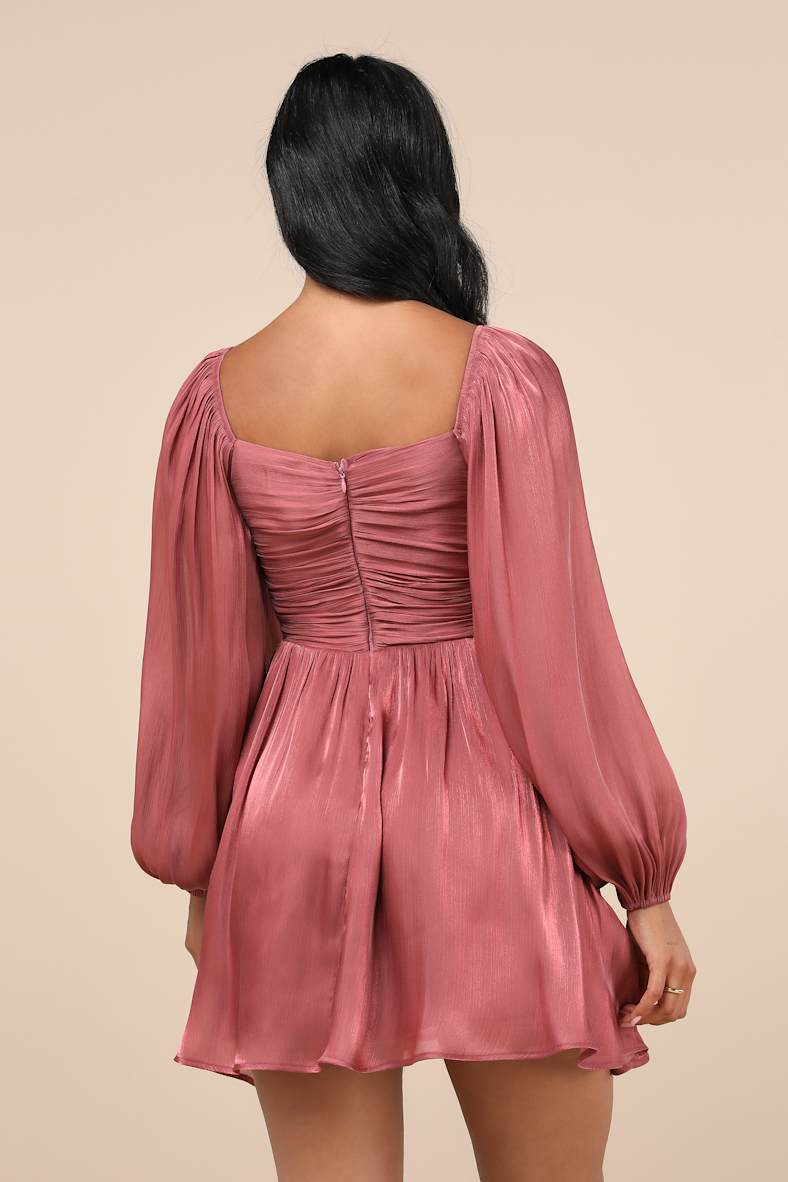 Playful Delight Rusty Rose Bow-Front Long Sleeve Mini Dress