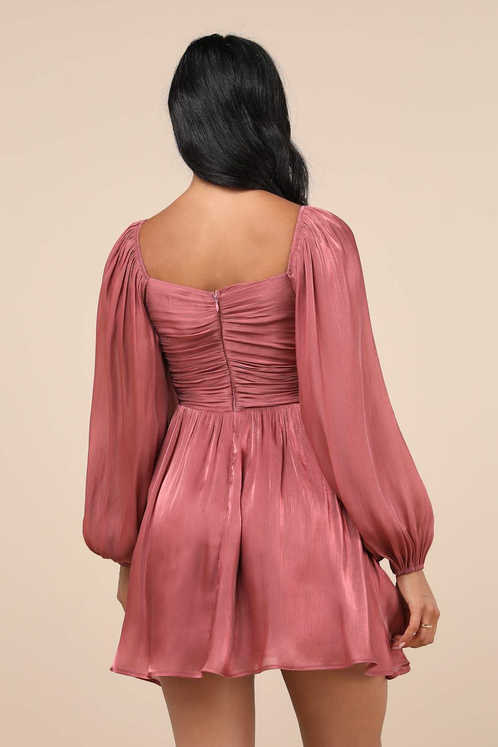 Playful Delight Rusty Rose Bow-Front Long Sleeve Mini Dress