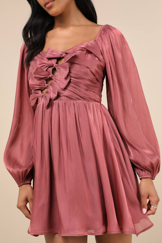 Lulus Playful Delight Rusty Rose Bow-front Long Sleeve Mini Dress In Pink