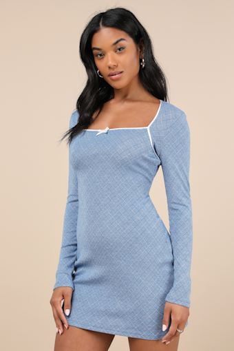 Precious Charisma Blue Plaid Long Sleeve Lace Bow Mini Dress 3