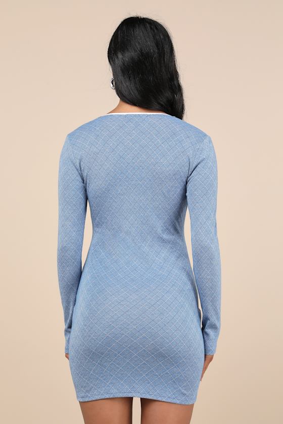 Lulus Precious Charisma Blue Plaid Long Sleeve Lace Bow Mini Dress In Blue