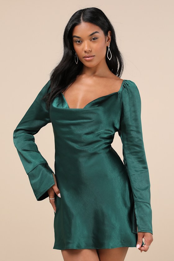 Lulus Sensational Fate Emerald Green Satin Cowl Neck Mini Dress In Emerald Green