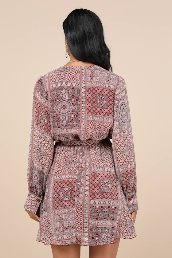 Lulus Breezy Wanderings Rust Red Boho Print Long Sleeve Mini Dress In Rust Red
