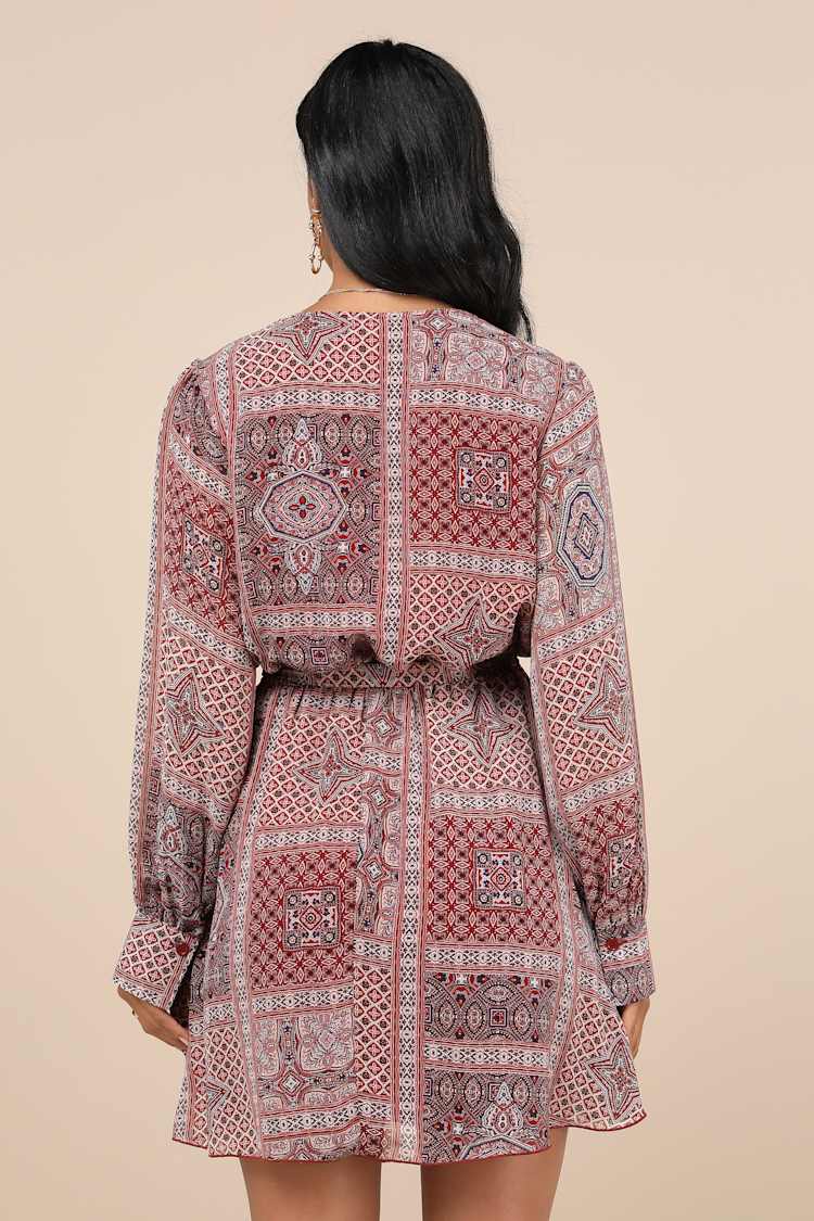 Breezy Wanderings Rust Red Boho Print Long Sleeve Mini Dress