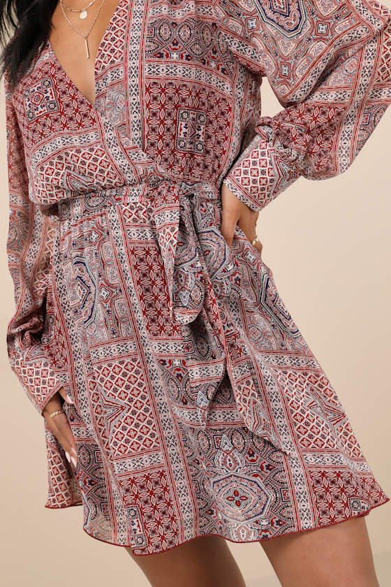 Lulus Breezy Wanderings Rust Red Boho Print Long Sleeve Mini Dress In Rust Red