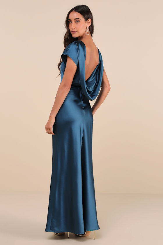 Captivating Presence Dark Teal Satin Cowl Back Maxi Dress 1