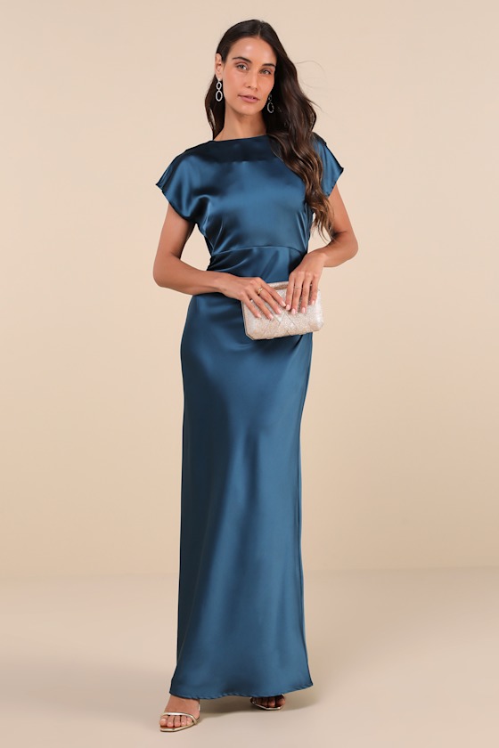 Lulus Captivating Presence Dark Teal Satin Cowl Back Maxi Dress In Teal