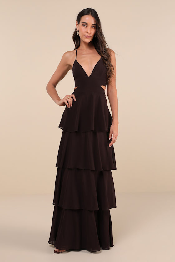 Tier and Now Dark Brown Tie-Back Tiered Maxi Dress 4