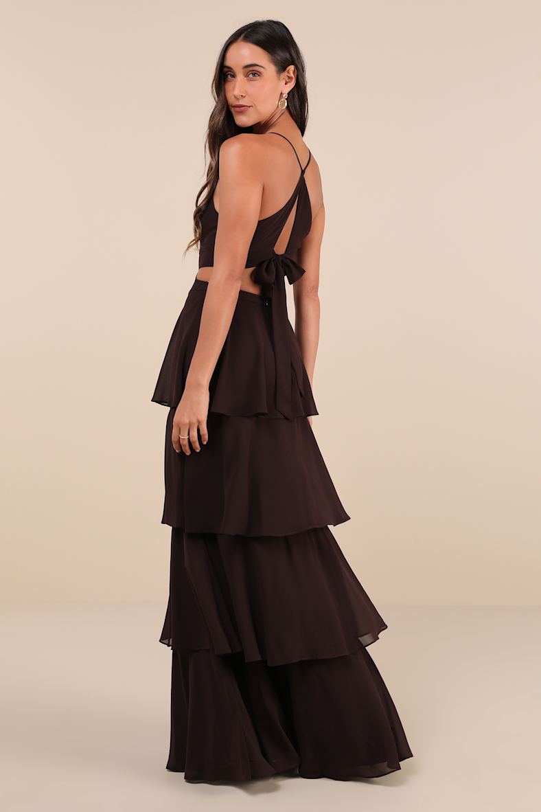 Tier and Now Dark Brown Tie-Back Tiered Maxi Dress