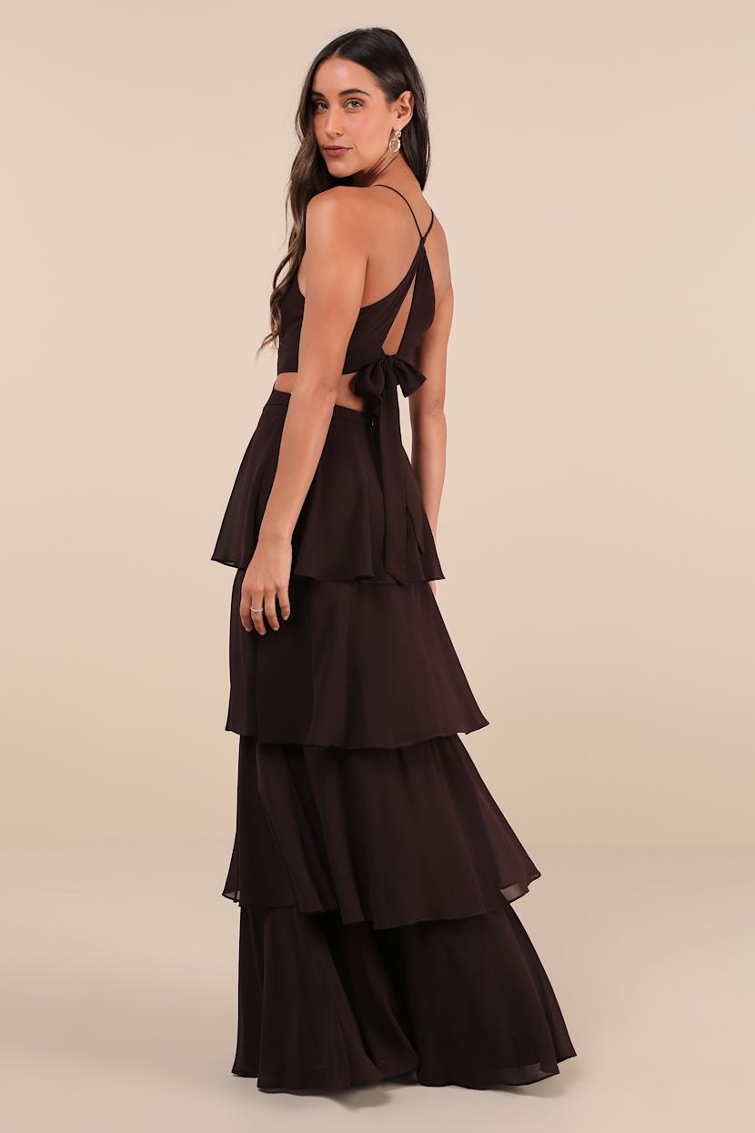Dark Brown Tiered Maxi Dress - Tiered Dress - Tie-Back Dress - Lulus