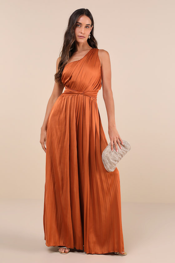 Exquisite Always Rust Orange Pleated Satin One-Shoulder Jumpsuit 1