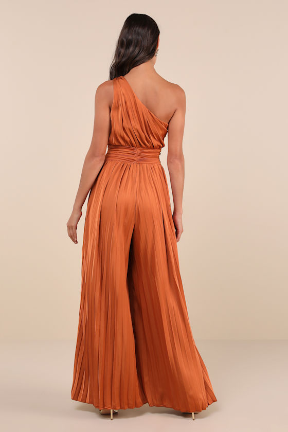 Exquisite Always Rust Orange Pleated Satin One-Shoulder Jumpsuit 2