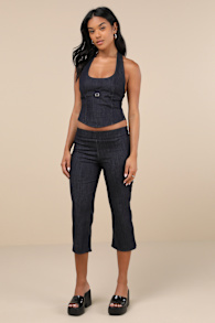 Diran Dark Blue Chambray Mid-Rise Capri Trouser Pants 1