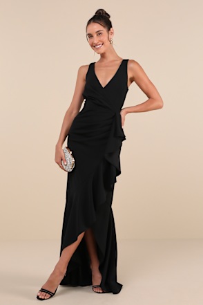 Black Pleated Ruffled High-Low Maxi Dress | Womens | X-Small (Available in M, L) | 100% Polyester | Lulus | Holiday Dresses