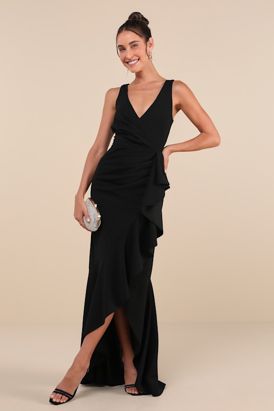 Pure Loveliness Black Pleated Ruffled High-Low Maxi Dress 4