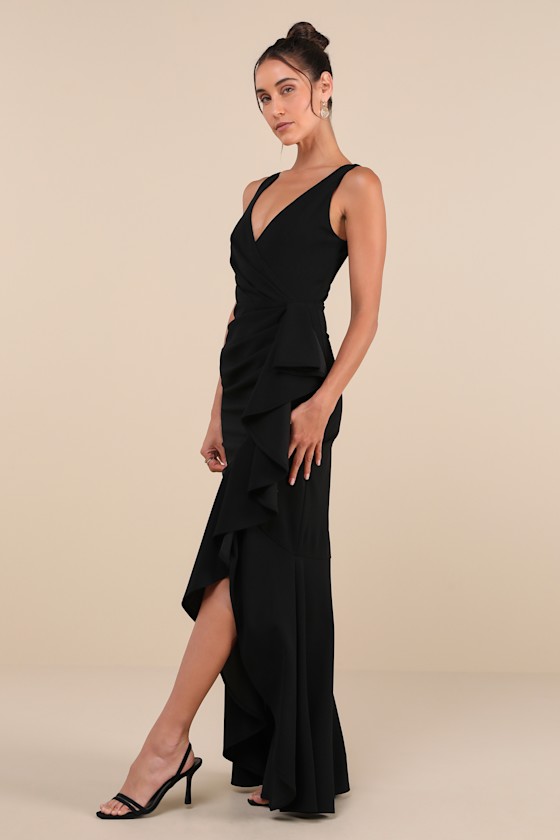 Lulus Pure Loveliness Black Pleated Ruffled High-low Maxi Dress In Black