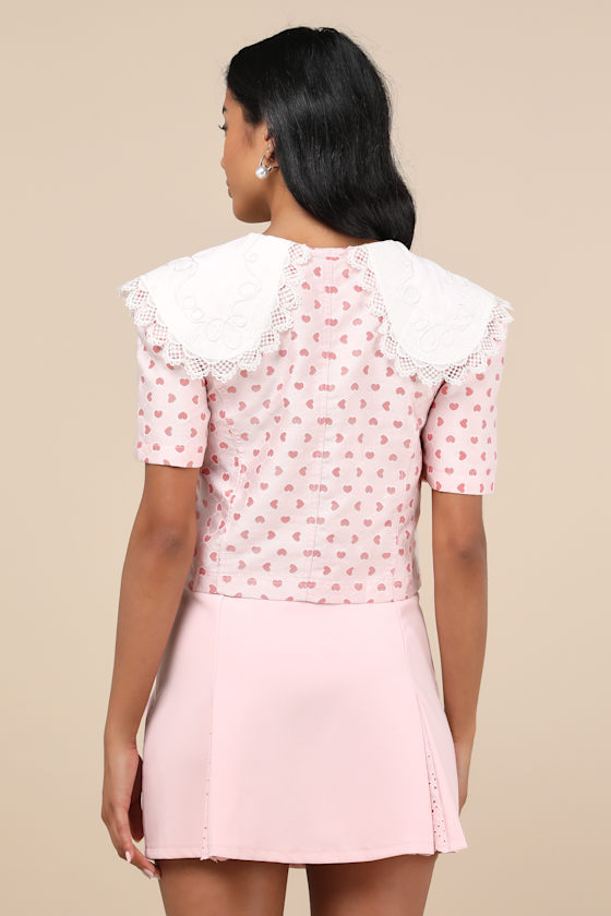 Canter Pink Heart Jacquard Lace Peter Pan Collar Cropped Top 3