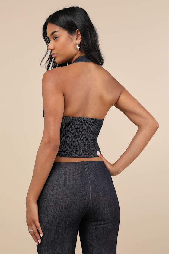 Shop Motel Nasya Dark Blue Chambray Cropped Halter Top