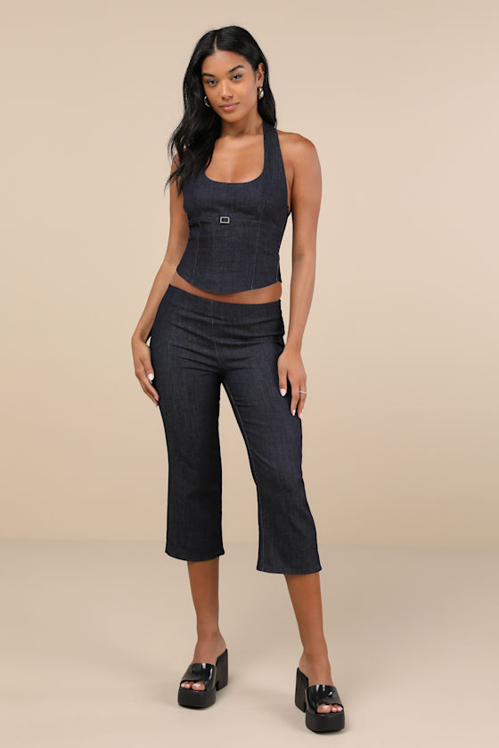 Shop Motel Nasya Dark Blue Chambray Cropped Halter Top