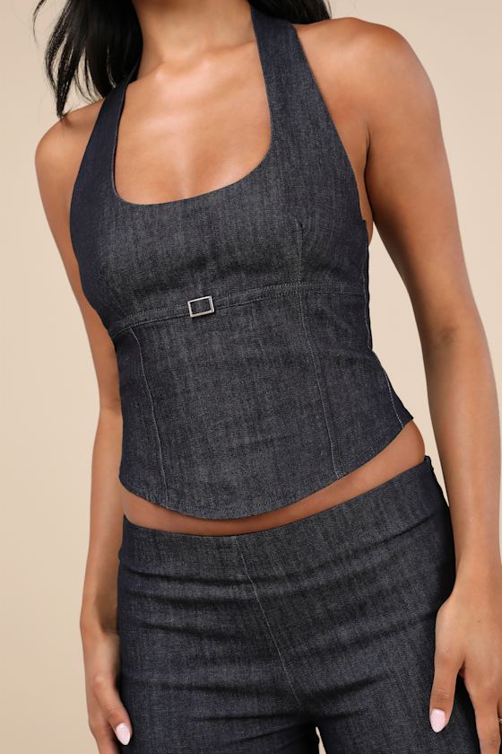 Shop Motel Nasya Dark Blue Chambray Cropped Halter Top