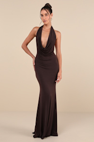 Eye-Catching Silhouette Dark Brown Cowl Neck Halter Maxi Dress 3