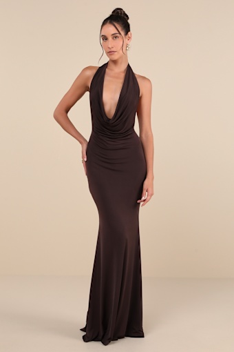 Eye-Catching Silhouette Dark Brown Cowl Neck Halter Maxi Dress 3