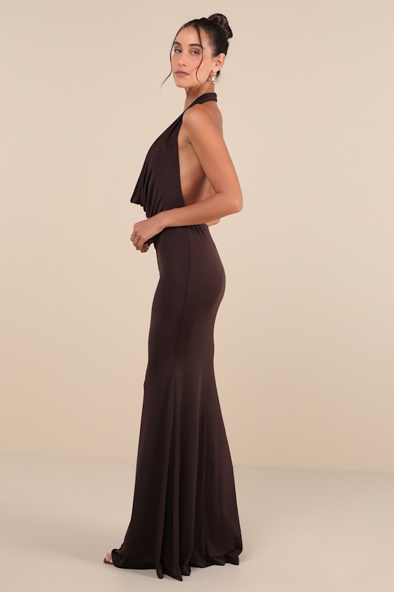 Eye-Catching Silhouette Dark Brown Cowl Neck Halter Maxi Dress