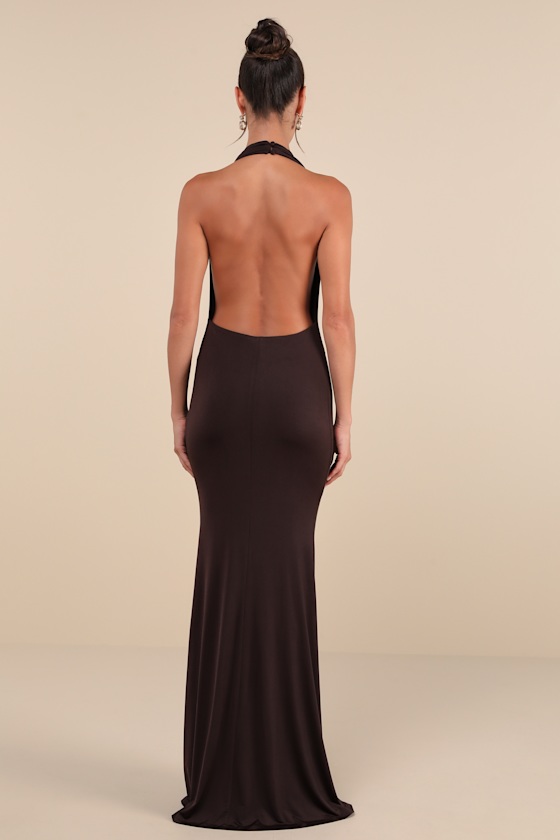 Eye-Catching Silhouette Dark Brown Cowl Neck Halter Maxi Dress - thumbnail 3