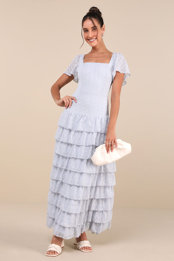 LULUS DELIGHTFUL FAVORITE LIGHT BLUE EYELET TIERED MAXI DRESS 