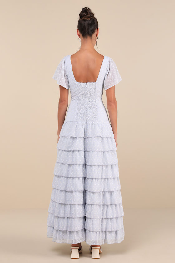 LULUS DELIGHTFUL FAVORITE LIGHT BLUE EYELET TIERED MAXI DRESS 