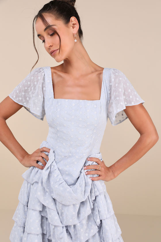 LULUS DELIGHTFUL FAVORITE LIGHT BLUE EYELET TIERED MAXI DRESS 